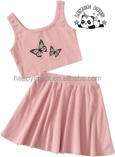 LEZONKIDS - Customizable Hot Sale Butterfly Print Sleeveless Tank Top and Skirt Set 2 Piece Outfits for Girls